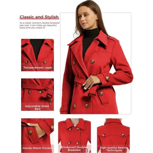 Women's Double Breasted Pea Coat Winter Mid-Long Trench Coat with Belt - Picture 5 of 6